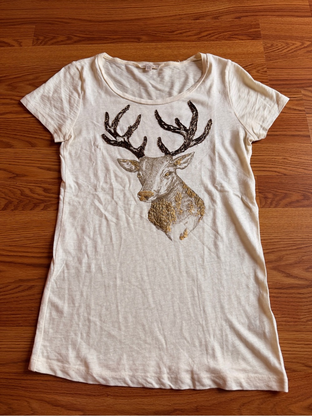J.CREW Women's Small White Cotton Scoop Neck Short Sleeve Beaded Deer Tee Cotton